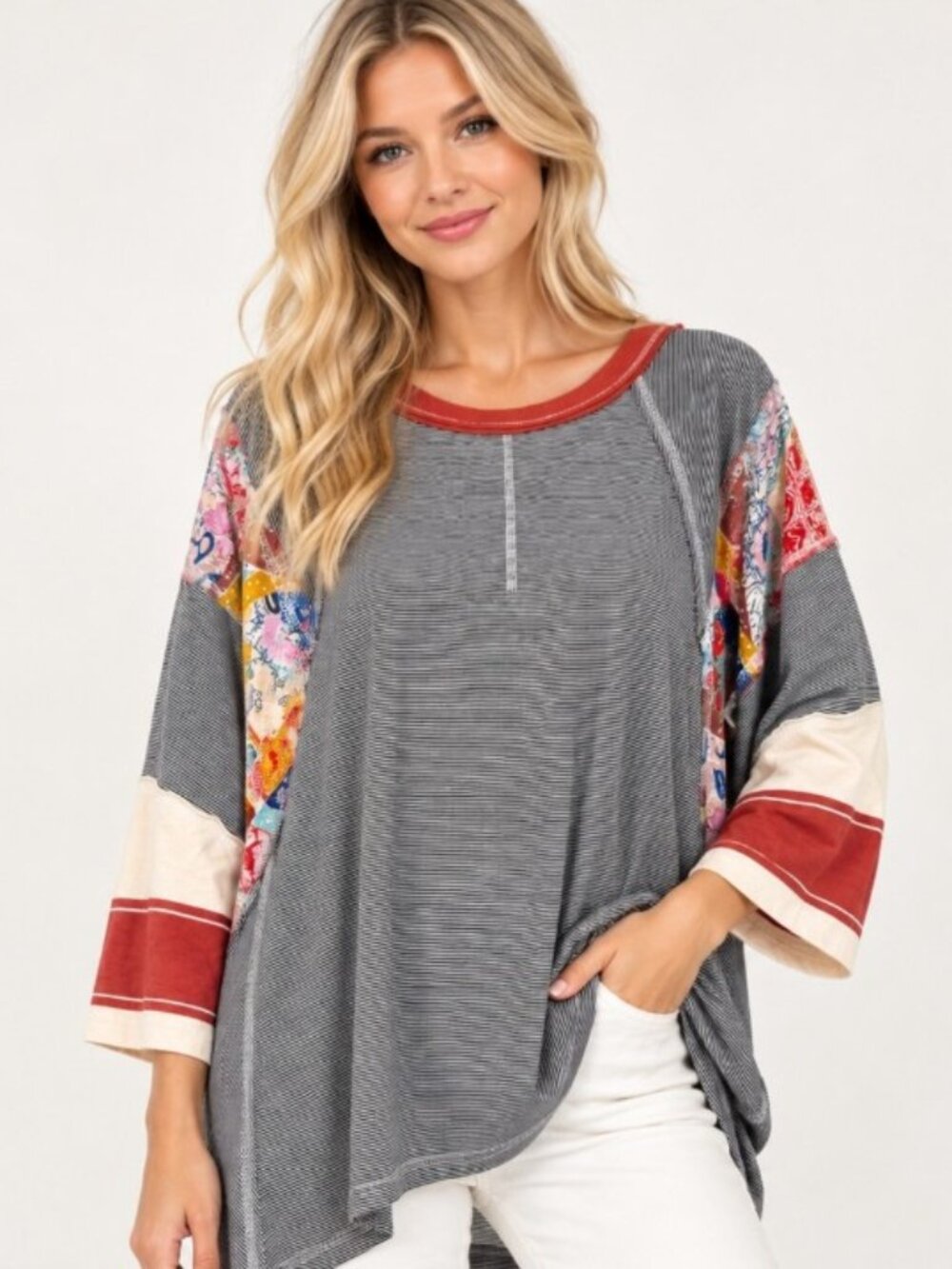 Three Bird Nest Boho Patchwork Striped Oversized Top 3/4 Sleeve Sz L/XL NWOT